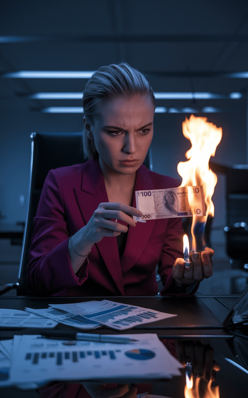 Businessfrau verbrennt Geldschein im Büro – Symbolbild für ineffiziente Werbebudgets ohne Kreativagentur mit Strategie.