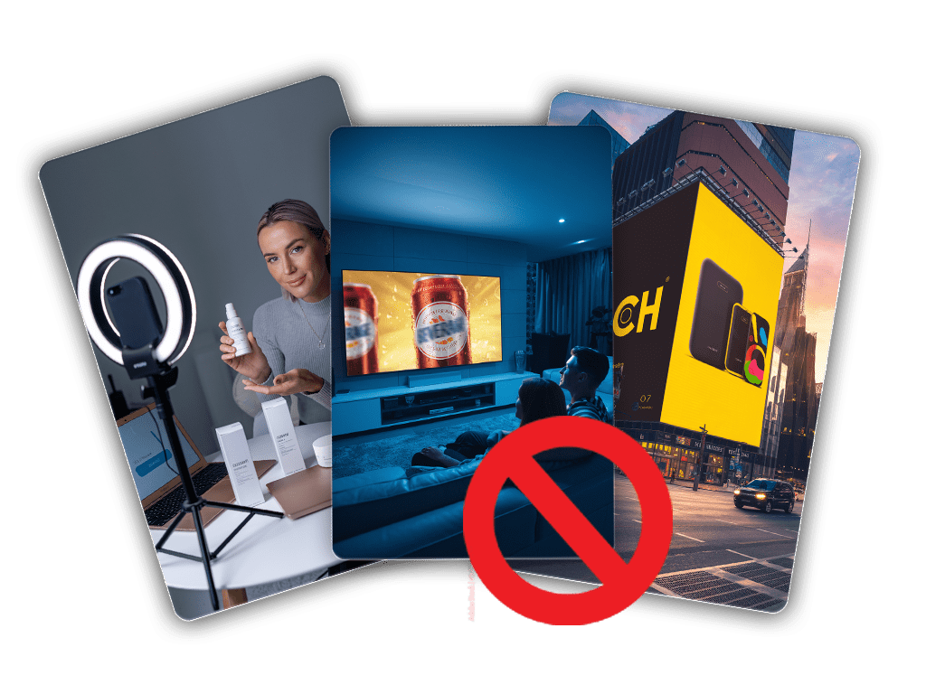 Symbolbild mit Influencerin, TV-Werbung und Großplakat, durchgestrichen – Kritik an klassischer Werbung aus Sicht einer modernen Kreativagentur.
